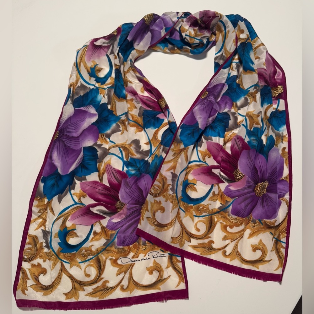 Oscar de la Renta vintage Purple and Blue Floral Scarf - Picture 2 of 5